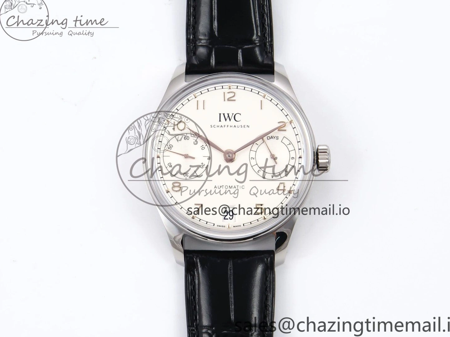 MIROTIME 0302 OnTrend Portugieser Automatic 42mm SS APSF 1:1 Best Edition White RG Dial on Black Leather Strap A 7010